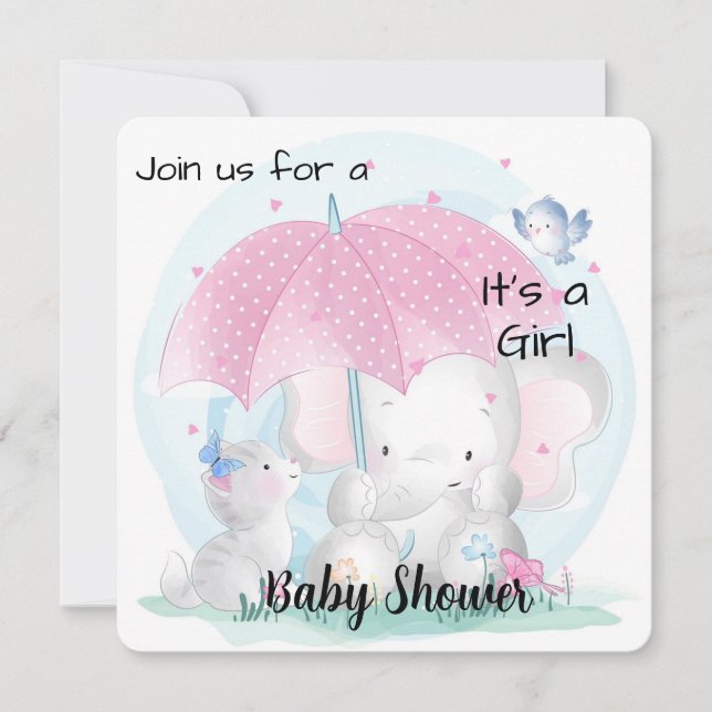 Cartes Pour Fêtes Annuelles C'est une fille Baby shower éléphant et chatons (Devant)