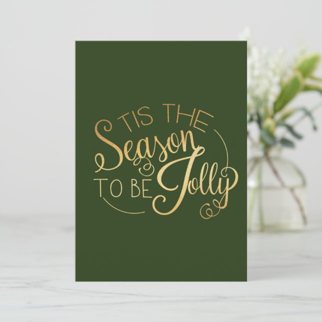 Cartes Pour Fêtes Annuelles "Cette saison" Gold Script Green Personnalisé (Debout devant)