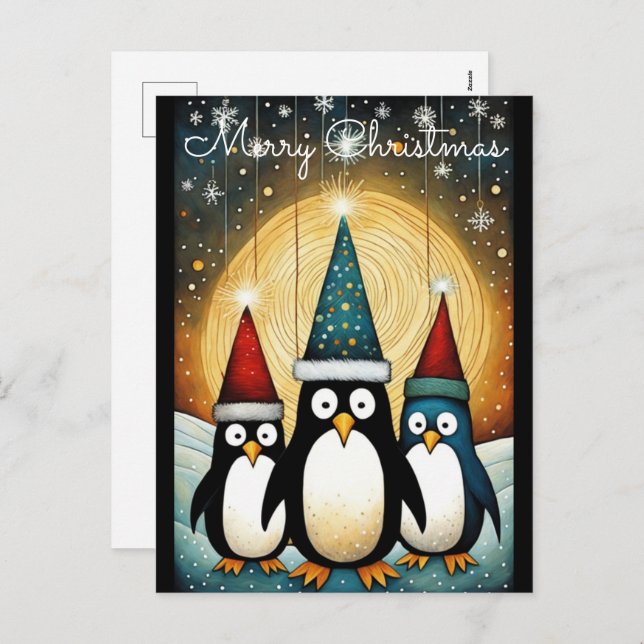Cartes Pour Fêtes Annuelles Chaîne Pleine lune lumière Père Noël Penguin Noël (Devant / Derrière)