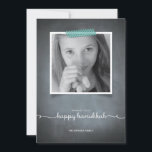 Cartes Pour Fêtes Annuelles Chalkboard Blue Washi Tape Hanukkah Photo Card<br><div class="desc">Le This rustic chalkboard style invitation is made exclusively for Zazzle and est idéal pour un séjour nostalgic yet moderne seasonal greeting. Imprimted "washi" tape in blue accent your photo with white script typography printed on a chalkboard background. Add an Envelopments Holiday Stamp from our extensive postage collection to match...</div>
