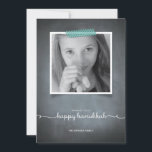 Cartes Pour Fêtes Annuelles Chalkboard Blue Washi Tape Hanukkah Photo Card<br><div class="desc">Le This rustic chalkboard style invitation is made exclusively for Zazzle and est idéal pour un séjour nostalgic yet moderne seasonal greeting. Imprimted "washi" tape in blue accent your photo with white script typography printed on a chalkboard background. Add an Envelopments Holiday Stamp from our extensive postage collection to match...</div>