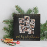 Cartes Pour Fêtes Annuelles Chalkboard & Gold Joyeux Noël photo de Noël<br><div class="desc">C'est le moment le plus merveilleux de l'année ! Ce carte photo de vacances moderne dispose de trois bandes photo de trois photos chacune, avec faux ruban or & blanc lavi. Ci-dessous, on peut lire "joyeux noël" dans un script écrit à la main avec votre nom de famille et l'année....</div>