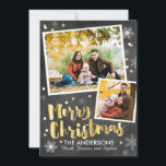Cartes Pour Fêtes Annuelles Chalkboard Gold Snow<br><div class="desc">Notre Chalkboard Gold Snow Christmas Photo Card comporte un arrière - plan de tableau noir avec des accents dorés et blancs de flocon de neige autour de deux cadres photo. Le script or brossé Joyeux message de Noël fait de cette carte parfaite pour souhaiter à la famille et aux amis...</div>