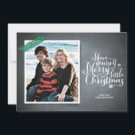 Cartes Pour Fêtes Annuelles Chalkboard Green Washi Tape Script Holiday Card<br><div class="desc">Le This rustic chalkboard style invitation is made exclusively for Zazzle and est idéal pour un séjour nostalgic yet moderne seasonal greeting. Imprimted "washi" tape in green accent your photo with white script typography printed on a chalkboard background. Add an Envelopments Holiday Stamp from our extensive postage collection to match...</div>