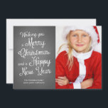 Cartes Pour Fêtes Annuelles Chalkboard Holiday Photo Christmas Wishes Coral<br><div class="desc">Chalkboard holiday cards featuring the words "wishing you a merry christmas and a happy new year", in white, cute and curly calligraphy like typeface, and one photo template of smiling girl dressed like santa claus. The back of these chalkboard Christmas cards feature a solive nautical design, with a coral and...</div>