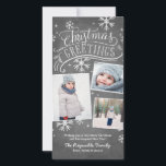 Cartes Pour Fêtes Annuelles Chalkboard Salutations 3-Photo Fête de Snowflake<br><div class="desc">Cette carte de vacances photo présente des oeuvres d'art en lettres et calligraphie sur un arrière - plan en damier branché avec des flocons de neige dessinés à la main.</div>