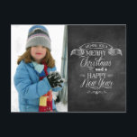 Cartes Pour Fêtes Annuelles Chalkboard voeux de Noël<br><div class="desc">Les salutations de vacances sont affichées sur cette carte postale unique de style tableau noir Noël et Nouvel An. La typographie qui ressemble à de la craie sur un tableau noir est disposée sous une bannière pour envoyer votre meilleur. Ajoutez simplement votre propre photo à gauche. Customisez avec votre(s) nom(s)...</div>