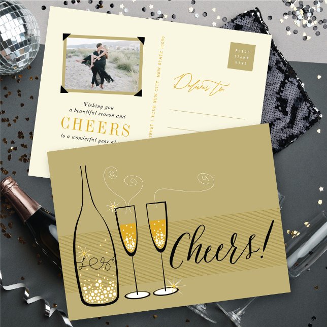Cartes Pour Fêtes Annuelles Champagne d'or à la gloire de Bubbly élégant Chic  (Gold Champagne Cheers Bubbly Stylish New Year Holiday Postcard @ fat_fa_tin)