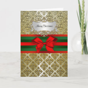 Cartes Pour Fêtes Annuelles Champagne d'or vintage Damask Rouge Vert Ribbn Xma