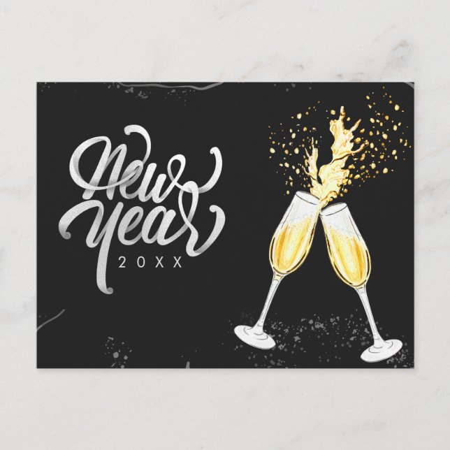 Cartes Pour Fêtes Annuelles Champagne Gold Black Verre Confetti Moderne (Devant)