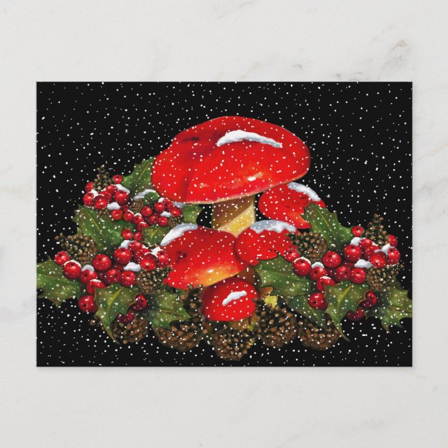 Cartes Pour Fêtes Annuelles Champignon de Noël, Tabourets, Neige, Holly (Devant)