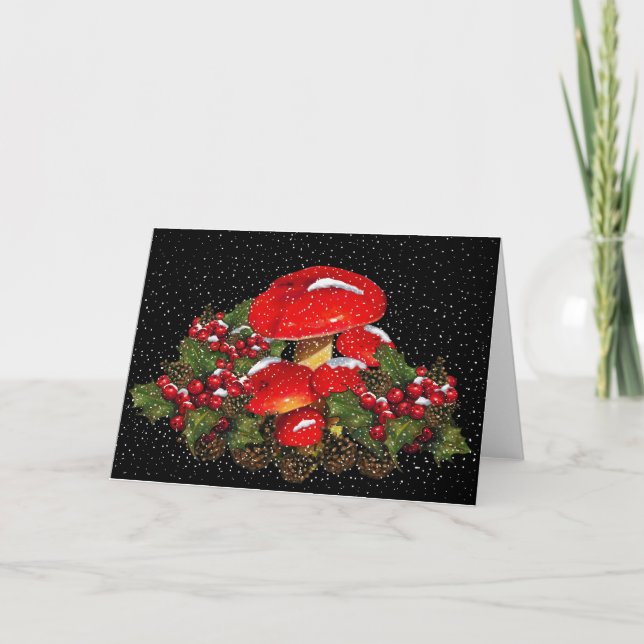 Cartes Pour Fêtes Annuelles Champignon de Noël, Tabourets, Neige, Holly (Devant)