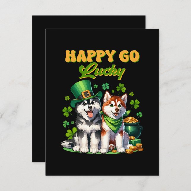 Cartes Pour Fêtes Annuelles Chanceux Tout Fou Chouette Husky St. Patrick (Devant / Derrière)