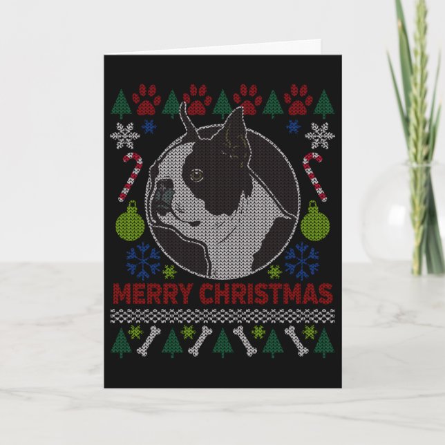 Cartes Pour Fêtes Annuelles Chandail de Noël laid de Boston Terrier Dog (Devant)