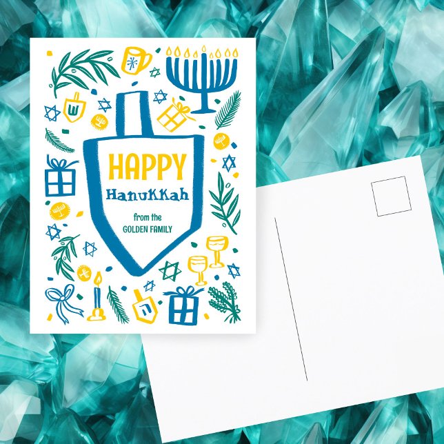 Cartes Pour Fêtes Annuelles Chandelier Dreidel Mignon Fantaisiste HANUKKAH SUR (Whimsical Cute Dreidel Doodle Menorah CUSTOM HANUKKAH Holiday Postcard
)
