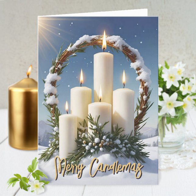 Cartes Pour Fêtes Annuelles Chandeliers Wiccan Imbolc Chandeliers Wreath Snowy (Candlemas Wiccan Imbolc Snowy Wreath Candles Holiday Card)