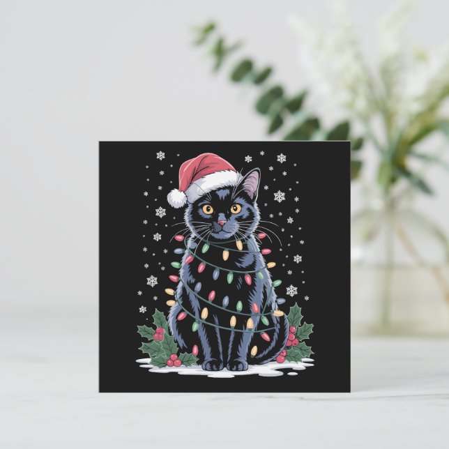 Cartes Pour Fêtes Annuelles Chapeau de Noël de chat noir Santa drôle Meowy cha (Debout devant)