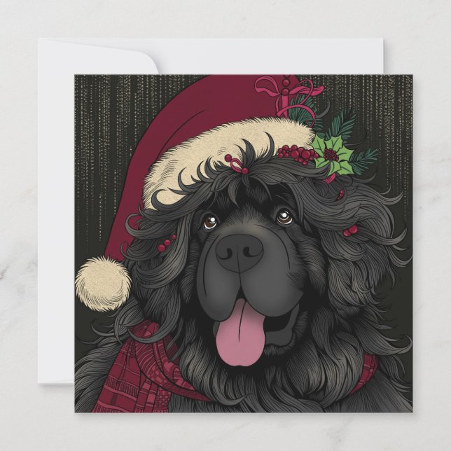 Cartes Pour Fêtes Annuelles Chapeau de Noël de chiot Terre-Neuve (Devant)