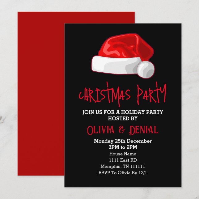 Cartes Pour Fêtes Annuelles Chapeau de Père Noël rouge Noël vacances noir (Devant / Derrière)