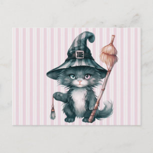 Cartes Pour Fêtes Annuelles Chapeau de sorcière Chat noir Balai Rayures roses