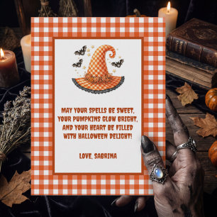 Cartes Pour Fêtes Annuelles Chapeau de sorcière Halloween en gingham violet et