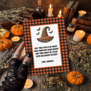 Cartes Pour Fêtes Annuelles Chapeau de sorcière Halloween en gingham violet et