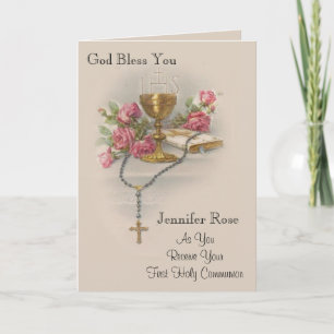Cartes Pour Fêtes Annuelles Chapelet de première communion Roses Bible