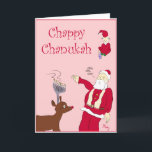 Cartes Pour Fêtes Annuelles Chappy Chanukah<br><div class="desc">Cette carte présente un Père Noël à l'allure de rabbin,  un elfe jouant au dreidel et le Renne de Rednose avec une menorah au lieu de bois. Oui,  à peu près la famille inter-religieuse typique.</div>
