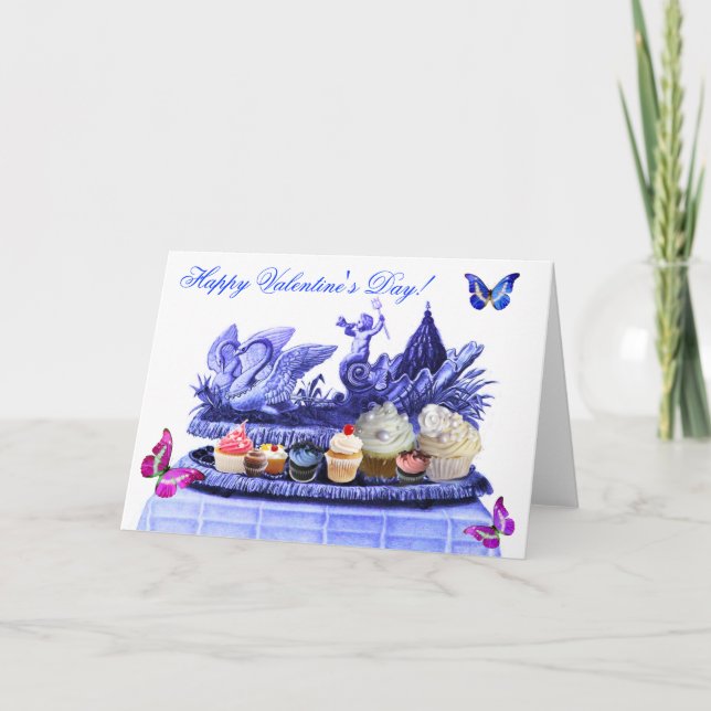 CARTES POUR FÊTES ANNUELLES CHARIOT BLEU DE SWANS ET CUPCAKES LE JOUR DE VALEN (Devant)