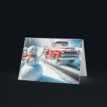 Cartes Pour Fêtes Annuelles Chariot de Noël Snowman et Red Retro<br><div class="desc">Un joyeux bonhomme de neige se tient à côté d'une route tandis qu'un camion rouge vintage passe dans un paysage enneigé d'une entreprise à un client. Tout le texte peut être modifié.</div>