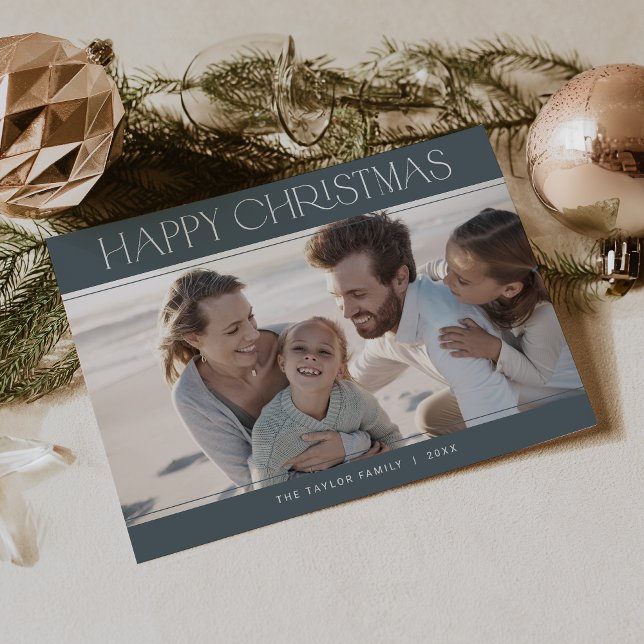 Cartes Pour Fêtes Annuelles CHARLIE Blue Modern Family Photo Joyeux Noël (CHARLIE Blue Modern Family Photo Happy Christmas Holiday Card)