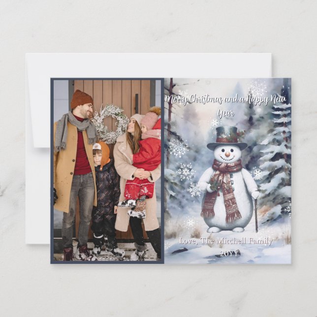 Cartes Pour Fêtes Annuelles Charmant Snowman aquarelle Forêt d'hiver Photo (Devant)