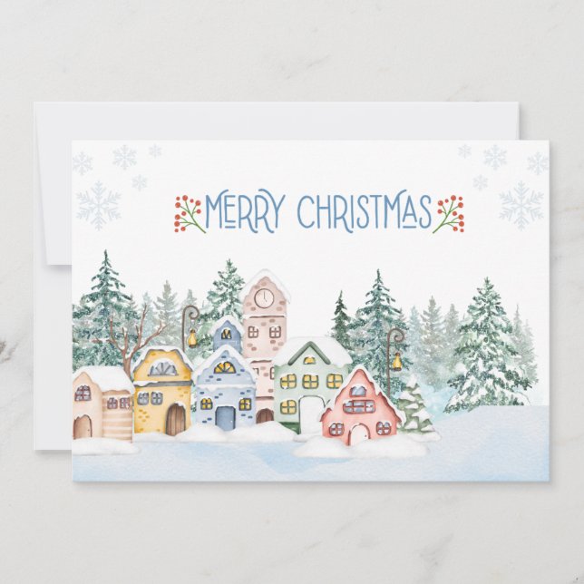 Cartes Pour Fêtes Annuelles Charmant village de neige aquarelle Noël (Devant)