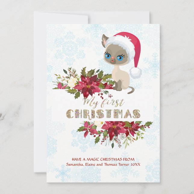 Cartes Pour Fêtes Annuelles Charme Enfant Mon 1er Kitten de Noël Santa Poinset (Devant)