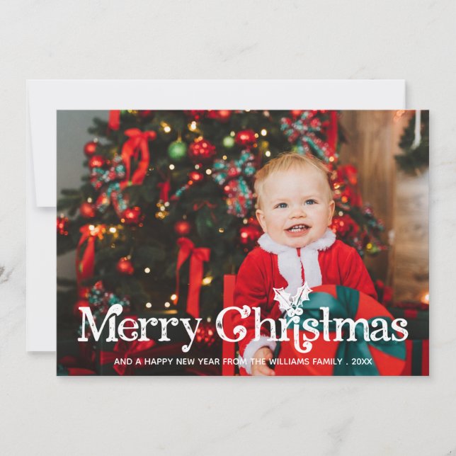 Cartes Pour Fêtes Annuelles Charme Holly Typographie Joyeux Noël Photo (Devant)