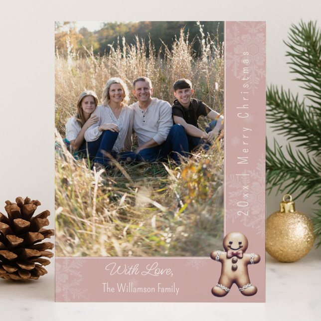 Cartes Pour Fêtes Annuelles Charming Gingerbread Man | Pink Photo Card (Pink Charming Gingerbread Man Holiday Photo Card)