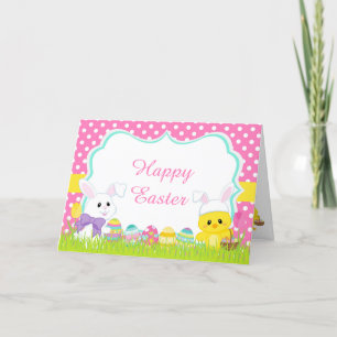 Cartes Pour Fêtes Annuelles Chasse aux oeufs de Pâques rose mignonne et poulet