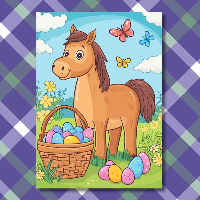 Cartes Pour Fêtes Annuelles Chasse aux oeufs de poney mignonne - Cheval Pâques (Front - Cute Pony Egg Hunt - Horse Easter Holiday Card)