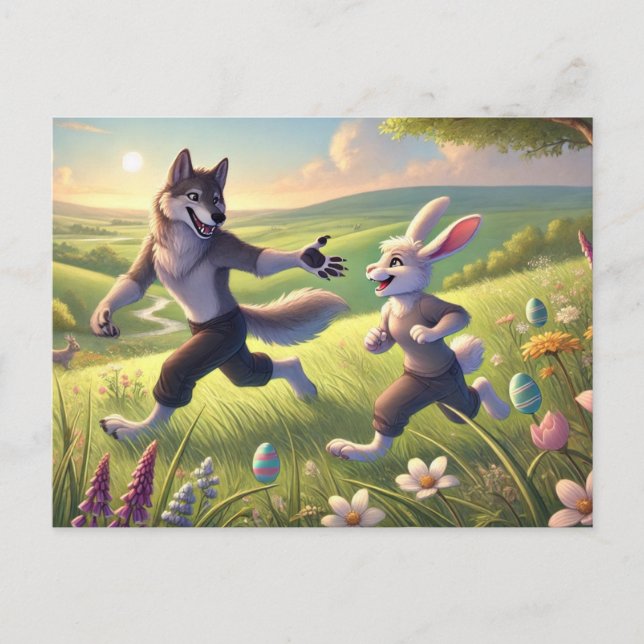 Cartes Pour Fêtes Annuelles Chasse printanière - Loup et lapin joués Pâques (Devant)
