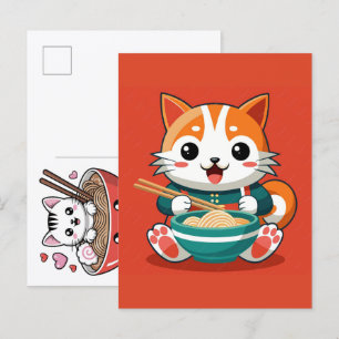 Cartes Pour Fêtes Annuelles Chat adorable savourant un festin de nouilles de r