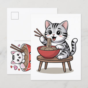 Cartes Pour Fêtes Annuelles Chat adorable savourant un festin de nouilles de r