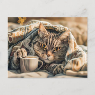 Cartes Pour Fêtes Annuelles Chat avec café et livre dans une couverture confor