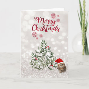 Cartes Pour Fêtes Annuelles Chat avec chapeau de Père Noël, branches d'arbres,