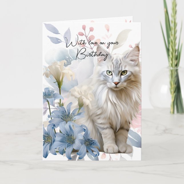 Cartes Pour Fêtes Annuelles Chat Blanc Bleu Rose Floral Avec Amour Anniversair (Devant)