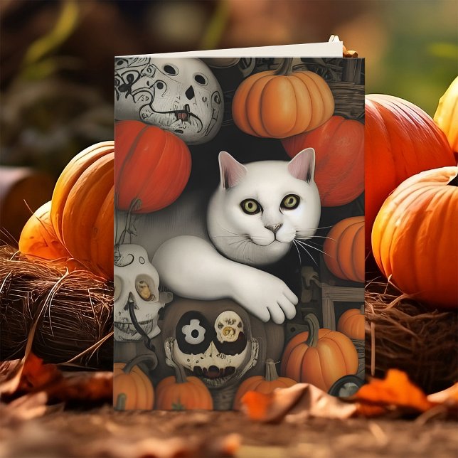 Cartes Pour Fêtes Annuelles Chat blanc Citrouilles Calavera Halloween artistiq (Ghost kitty white cat Halloween greeting card with pumpkins and calavera)