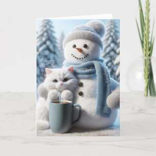 Cartes Pour Fêtes Annuelles Chat Blanc Et Snowman De Noël