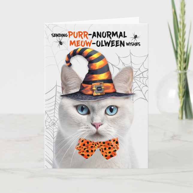 Cartes Pour Fêtes Annuelles Chat blanc Funny PURRanormal MEOWolween (Devant)