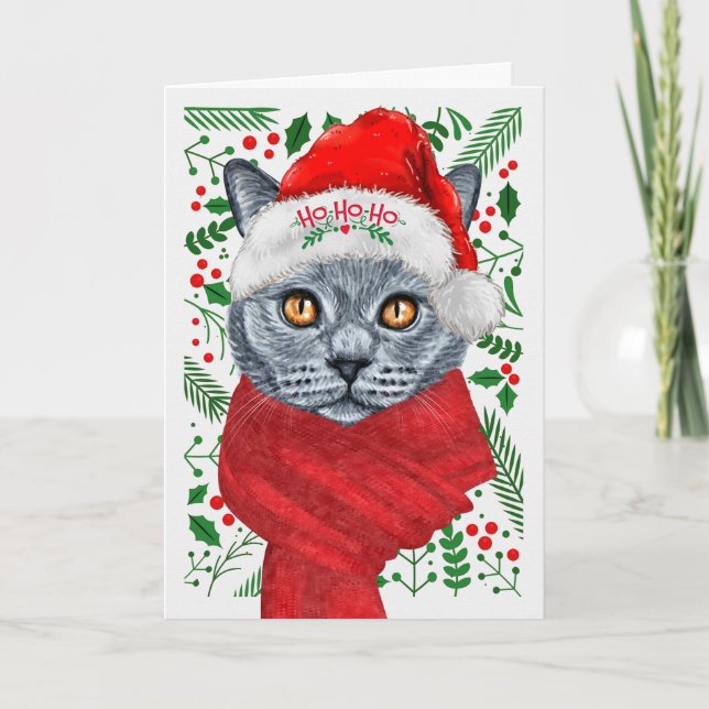 Cartes Pour Fêtes Annuelles Chat bleu russe dans un chapeau de Noël Meowy (Devant)