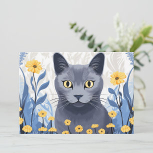 Cartes Pour Fêtes Annuelles Chat Bleu Russe Fleurs Jaunes