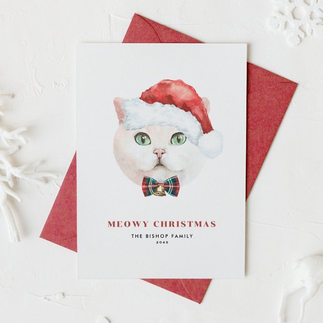 Cartes Pour Fêtes Annuelles Chat britannique à poil court blanc Père Noël Meow (Créateur téléchargé)